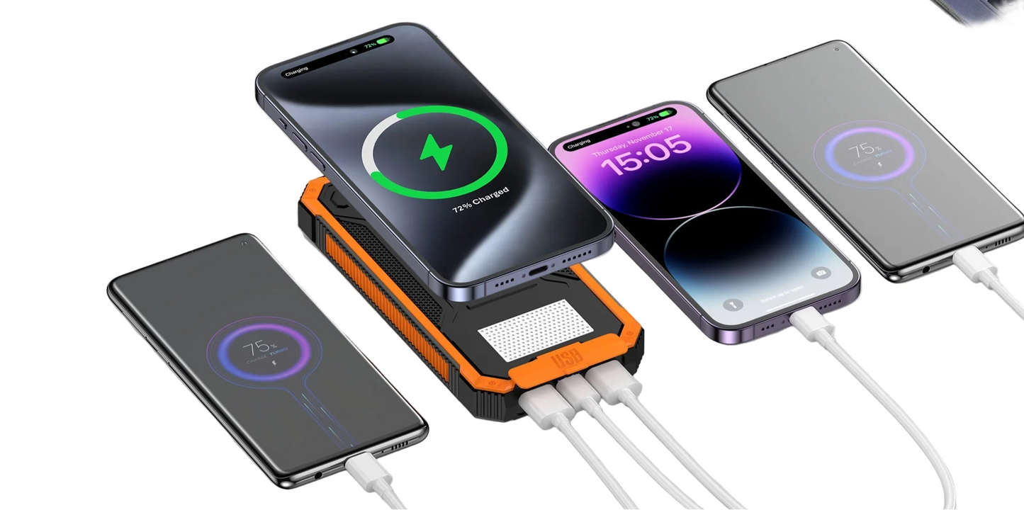 20000mAh wireless charging solar power bank with 4 outputs and built-in flashlight, suitable for outdoor emergency