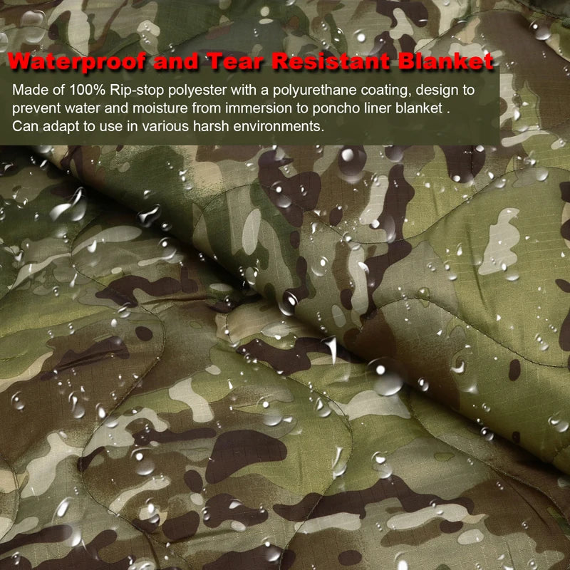 Tactical Army Poncho Liner Camouflage Water Repellent Woobie Quilted Blanket Suitable for Camping, Shooting, Hunting