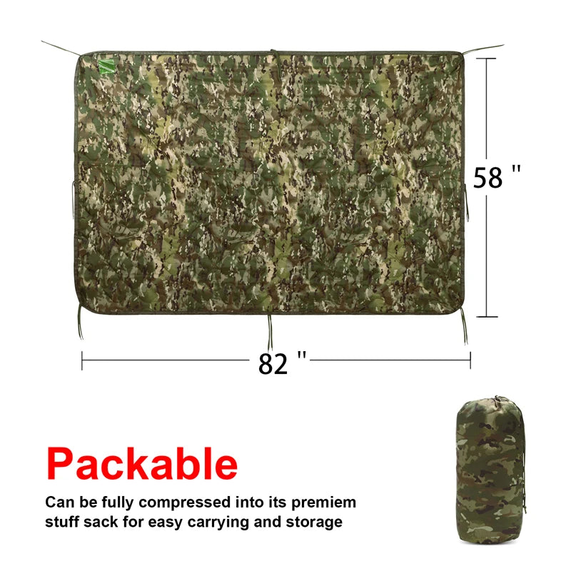 Tactical Army Poncho Liner Camouflage Water Repellent Woobie Quilted Blanket Suitable for Camping, Shooting, Hunting