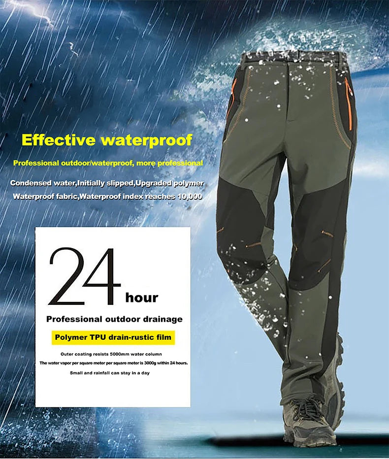 LNGXO Thick Warm Fleece Hiking Pants Men Winter Waterproof Windproof Outdoor Soft Shell Rain Trousers Trekking Camping Ski Pants