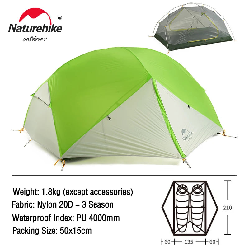 Naturehike Mongar 2 Tent 2 Person Backpacking Tent 20D Ultralight Travel Tent Waterproof Hiking Survival Outdoor Camping Tent