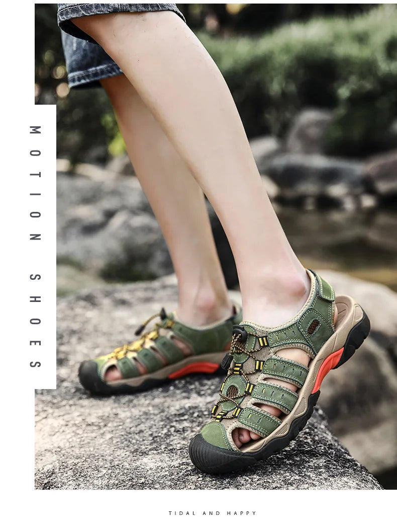 Summer Pu Leather Sandals For Men Rubber Outdoor Men Beach Shoes Anti-Slip Trekking Sandals Weight Light Male Hiking Sandals