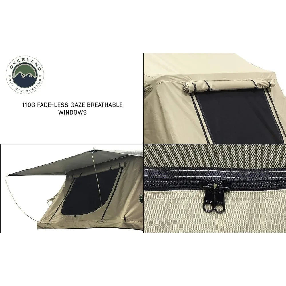 3 Person Roof Top Tent, Marine Grade 600D Rip-Stop Polyester Water Proof, with Rain Fly Tan Base, Easy To Install Truck Tent