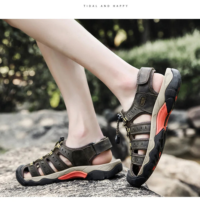 Summer Pu Leather Sandals For Men Rubber Outdoor Men Beach Shoes Anti-Slip Trekking Sandals Weight Light Male Hiking Sandals