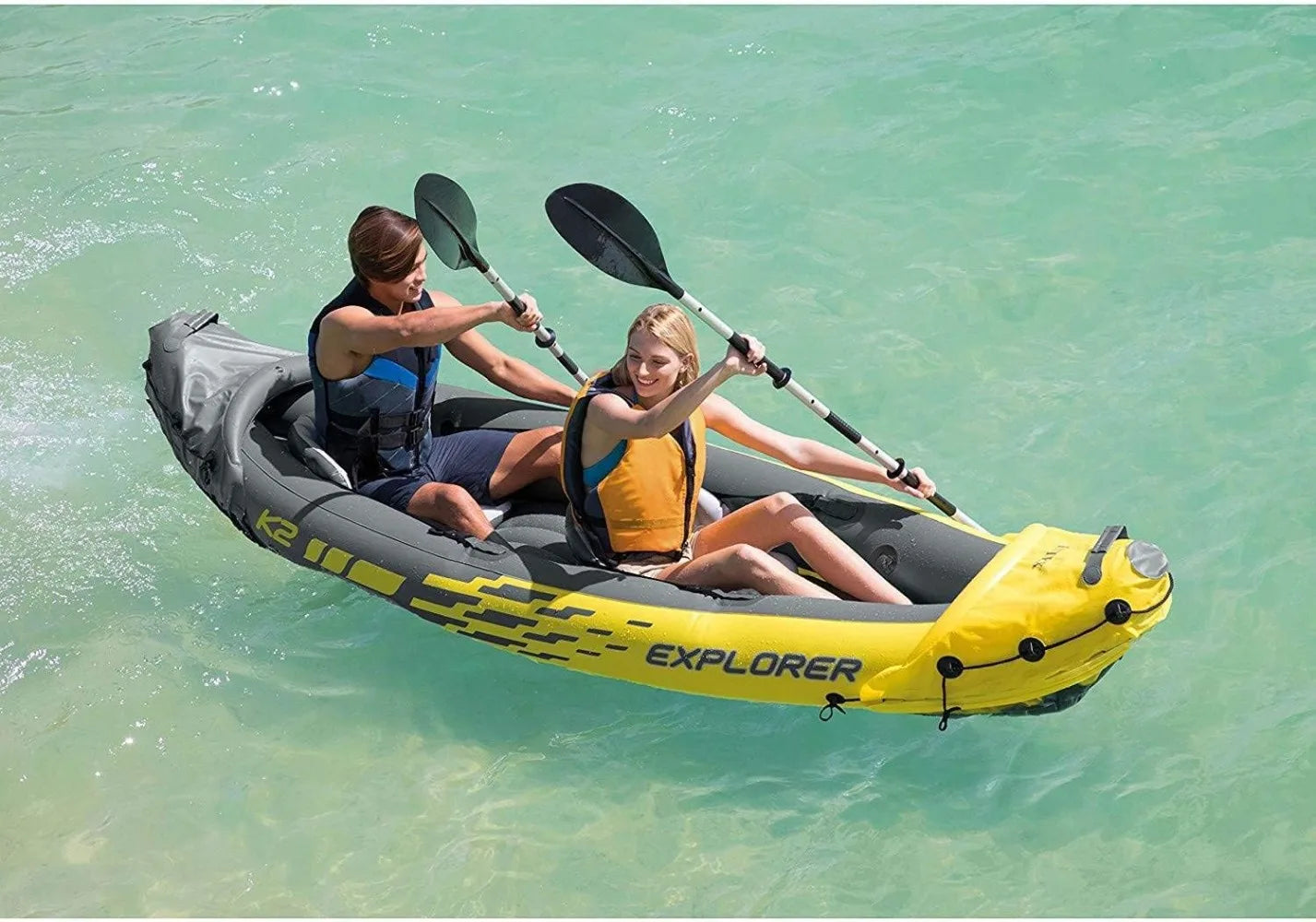 Explorer K2 2-Person Inflatable Kayak with 2 Aluminum Oars and Pump and Challenger K1 1-Person Inflatable Kayak