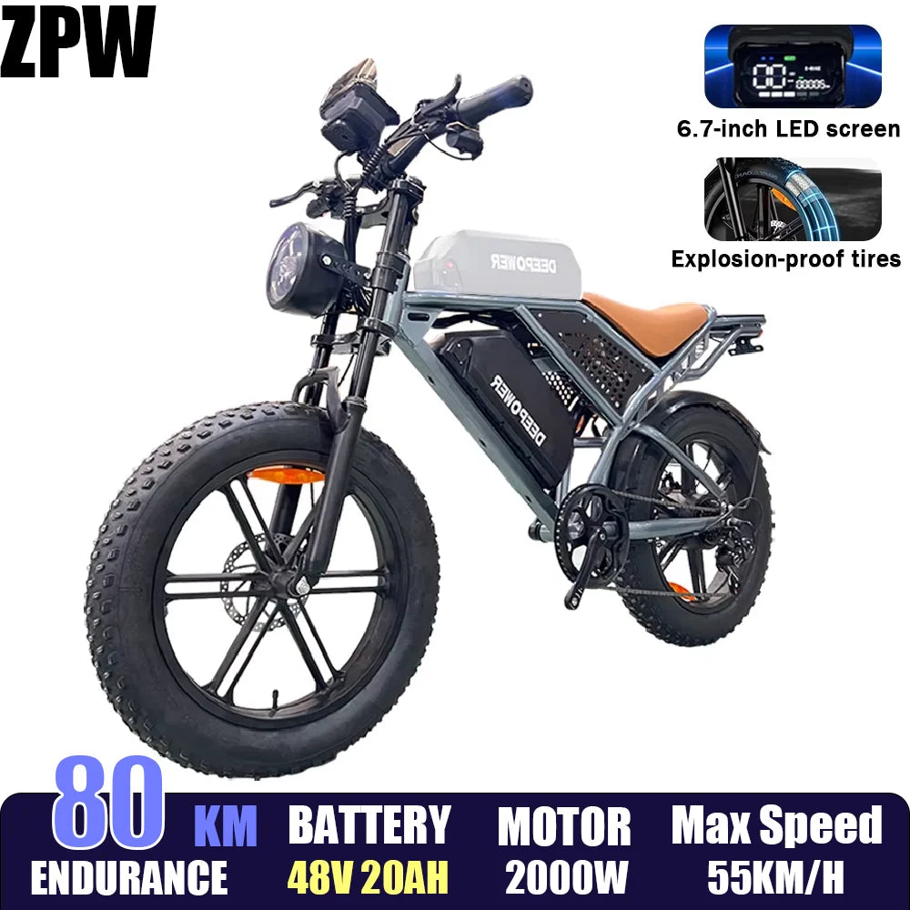 ZPW Adult Electric Bike 2000W 48V60AH Disc Brakes 20 Inch Fat Tire For Mountain Electric Bikes With Large LED Display For Ebike