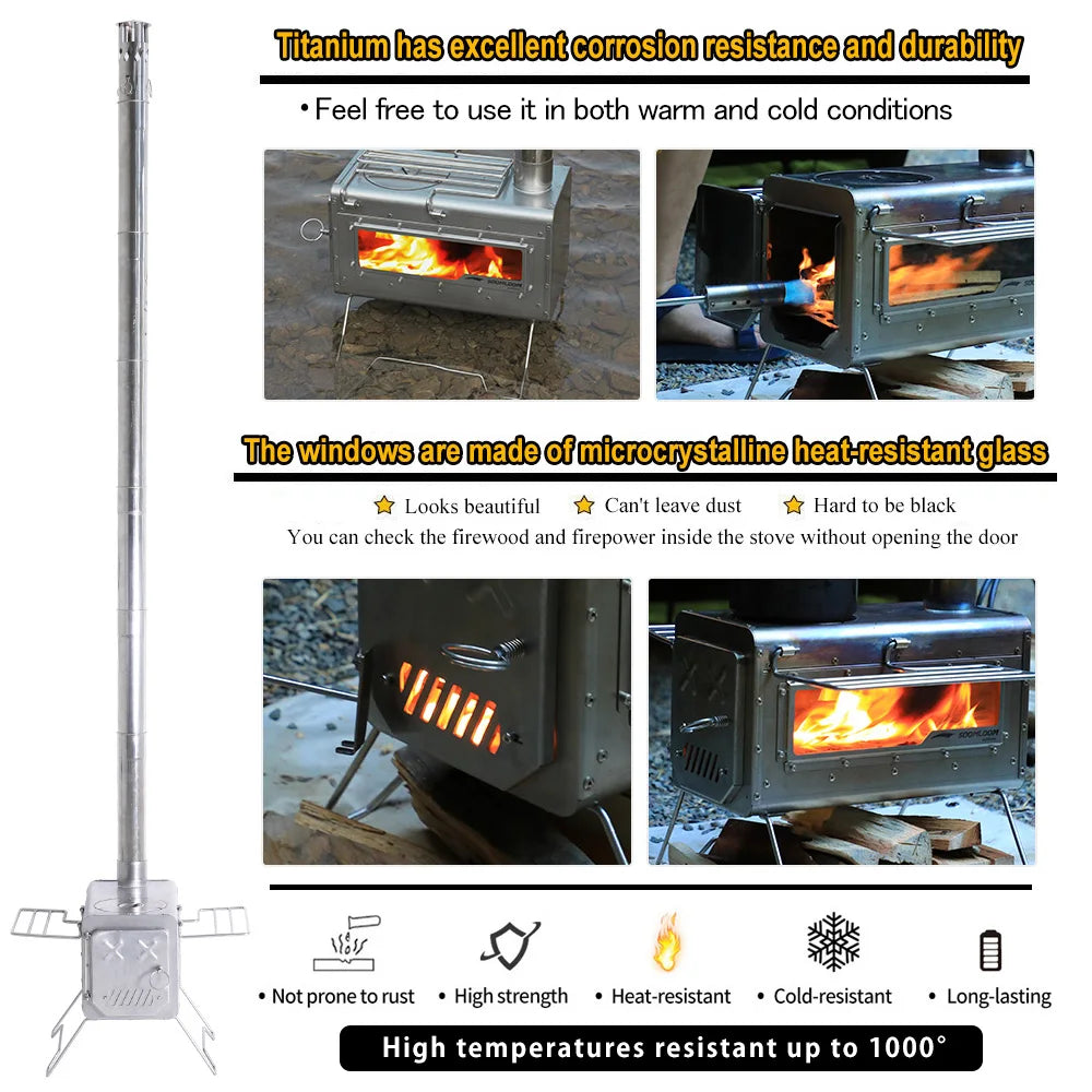 Soomloom Stainless Steel Firewood Stove with Side Shelf Firewood Pellets Dual-purpose Stove for Outdoor Camping Hiking Bushcraft