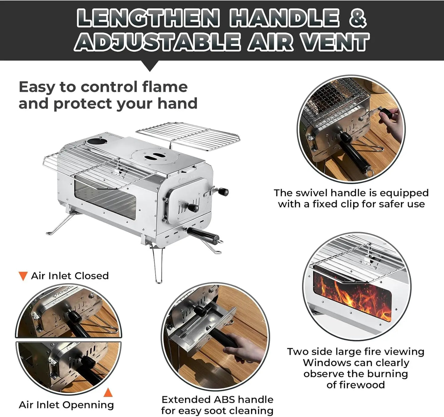 KingCamp Hot Tent Stove, Foldable Camping Stove with Large Firebox,5.6/6.6/7.5ft Winter Camping Stove for Chimney Pipes