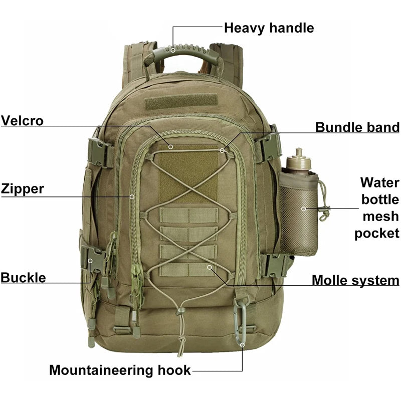 65L Outdoor Tactical Backpack Men's Outdoor Hiking Bag Large Capacity Military Army Bags Travelling Camping Rucksack