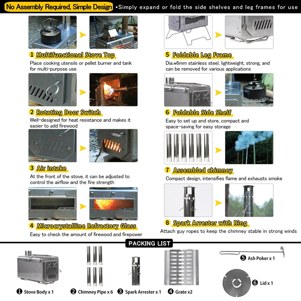Soomloom Stainless Steel Firewood Stove with Side Shelf Firewood Pellets Dual-purpose Stove for Outdoor Camping Hiking Bushcraft