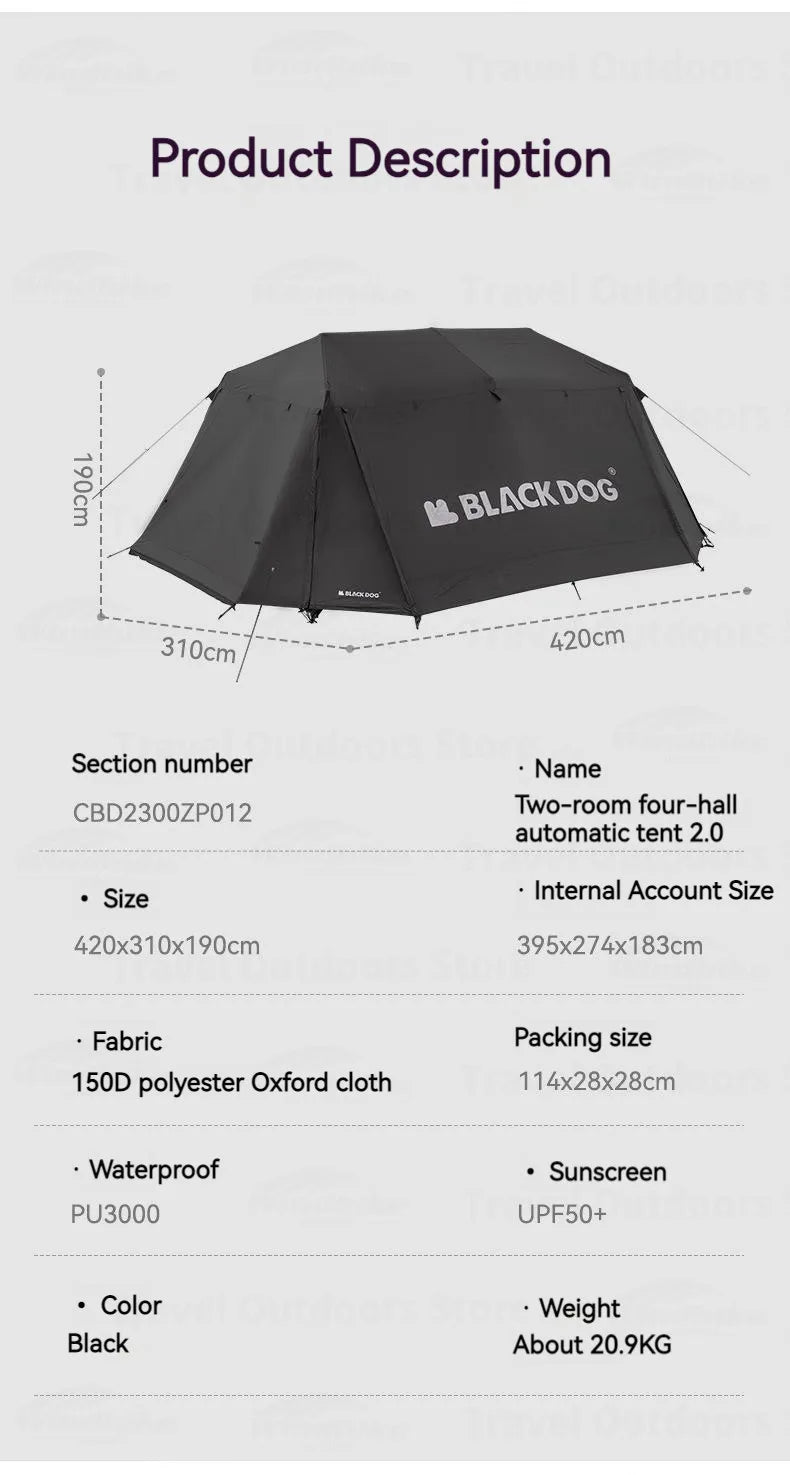 Naturehike BLACKDOG Cabin Tent Camping Automatic Tent for 5-8 Person Family Travel W/ Projection Screen Double Layer Waterproof