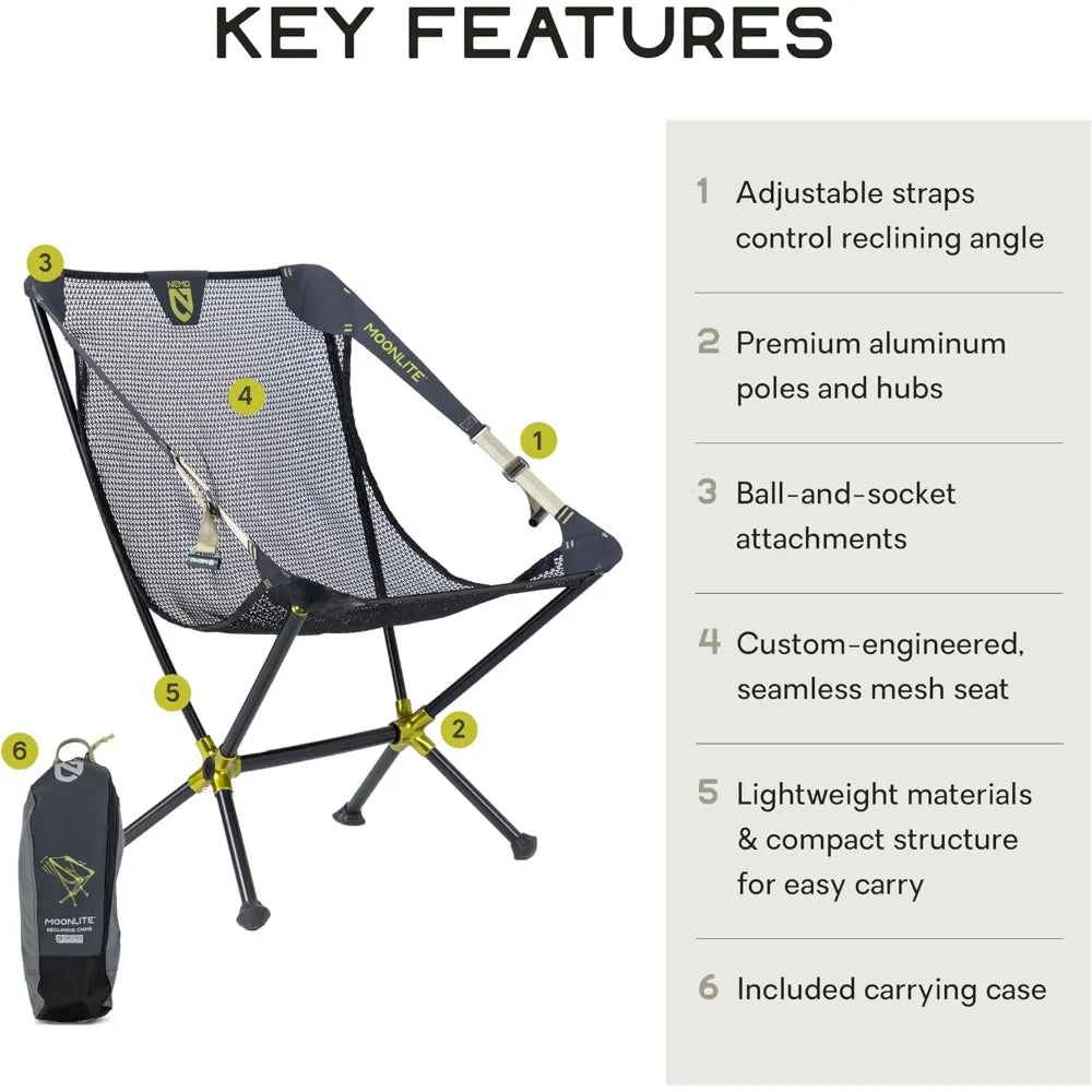 Moonlite Reclining Camp Chair | Portable Backpacking and Camping Chair with Adjustable and Foldable Options, Black Pearl