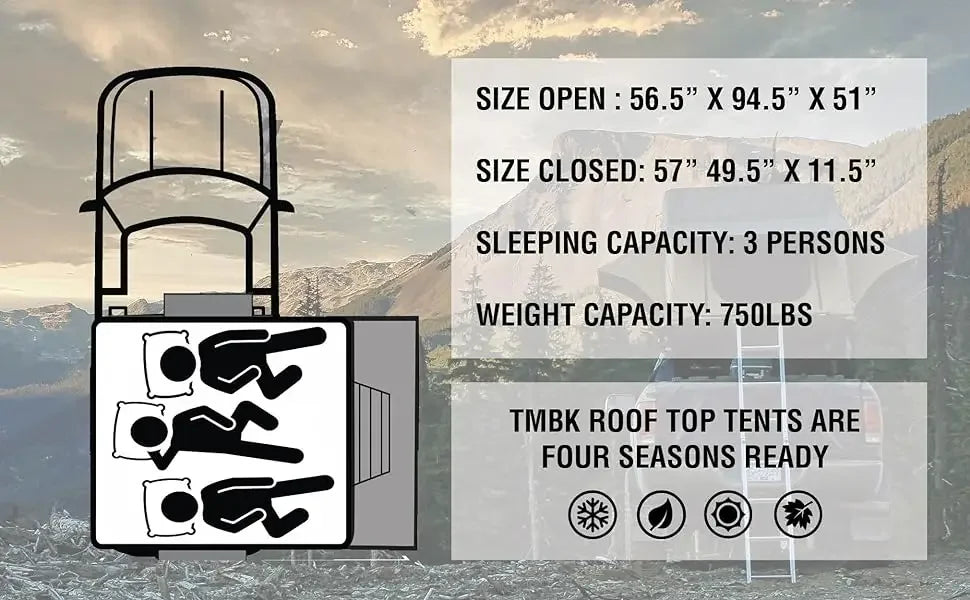 3 Person Roof Top Tent, Marine Grade 600D Rip-Stop Polyester Water Proof, with Rain Fly Tan Base, Easy To Install Truck Tent