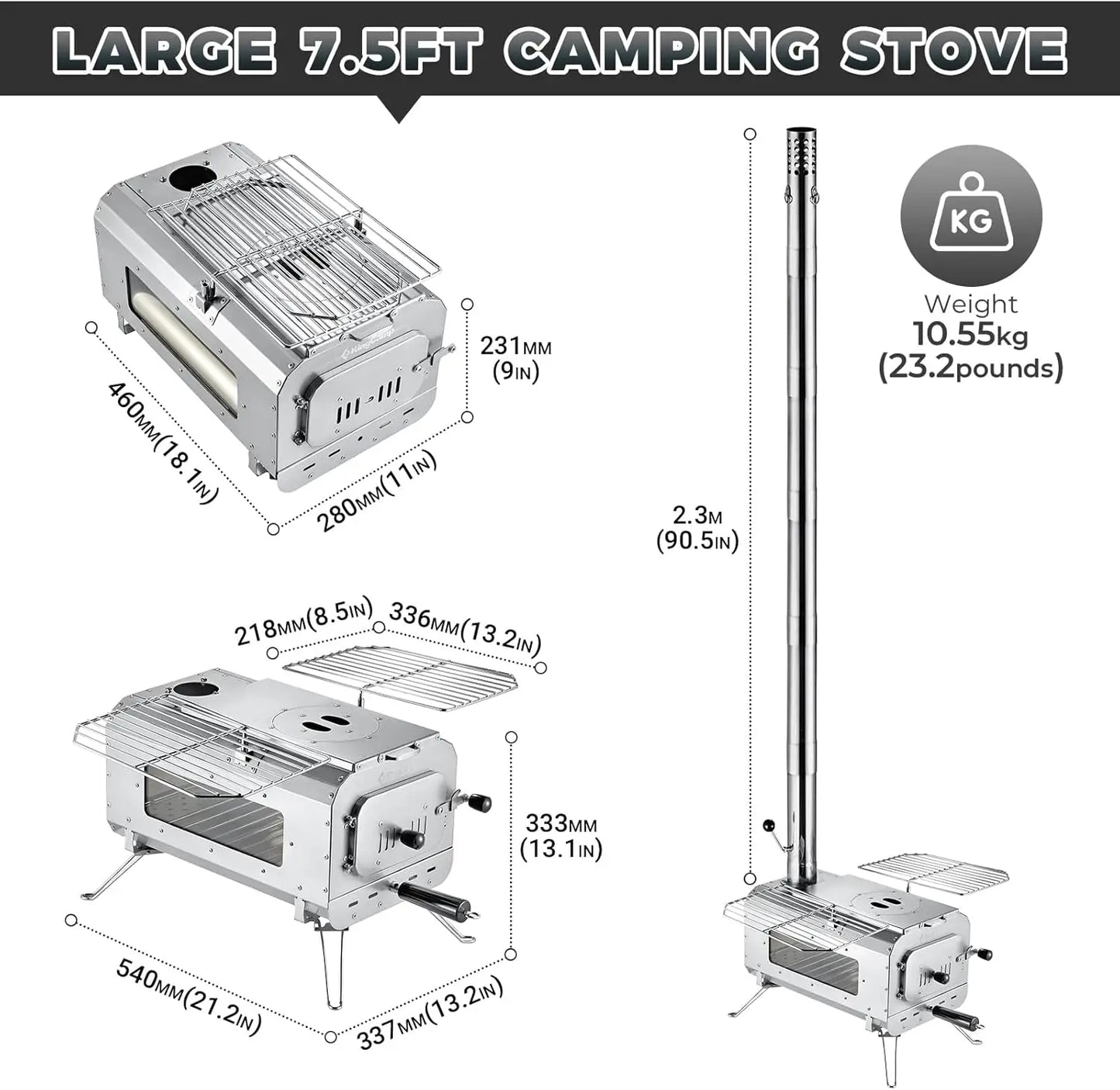 KingCamp Hot Tent Stove, Foldable Camping Stove with Large Firebox,5.6/6.6/7.5ft Winter Camping Stove for Chimney Pipes