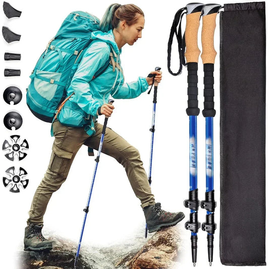 Carbon Fiber Trekking Poles Lightweight Collapsible Hiking, Shock-Absorbent Walking Sticks with Natural Cork Grips, Flip Locks