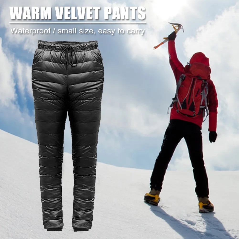 Outdoor Thermal Goose Down Pants Both Side Open Zipper Windproof Waterproof Camping Climbing Men Women Winter Trousers S-5XL