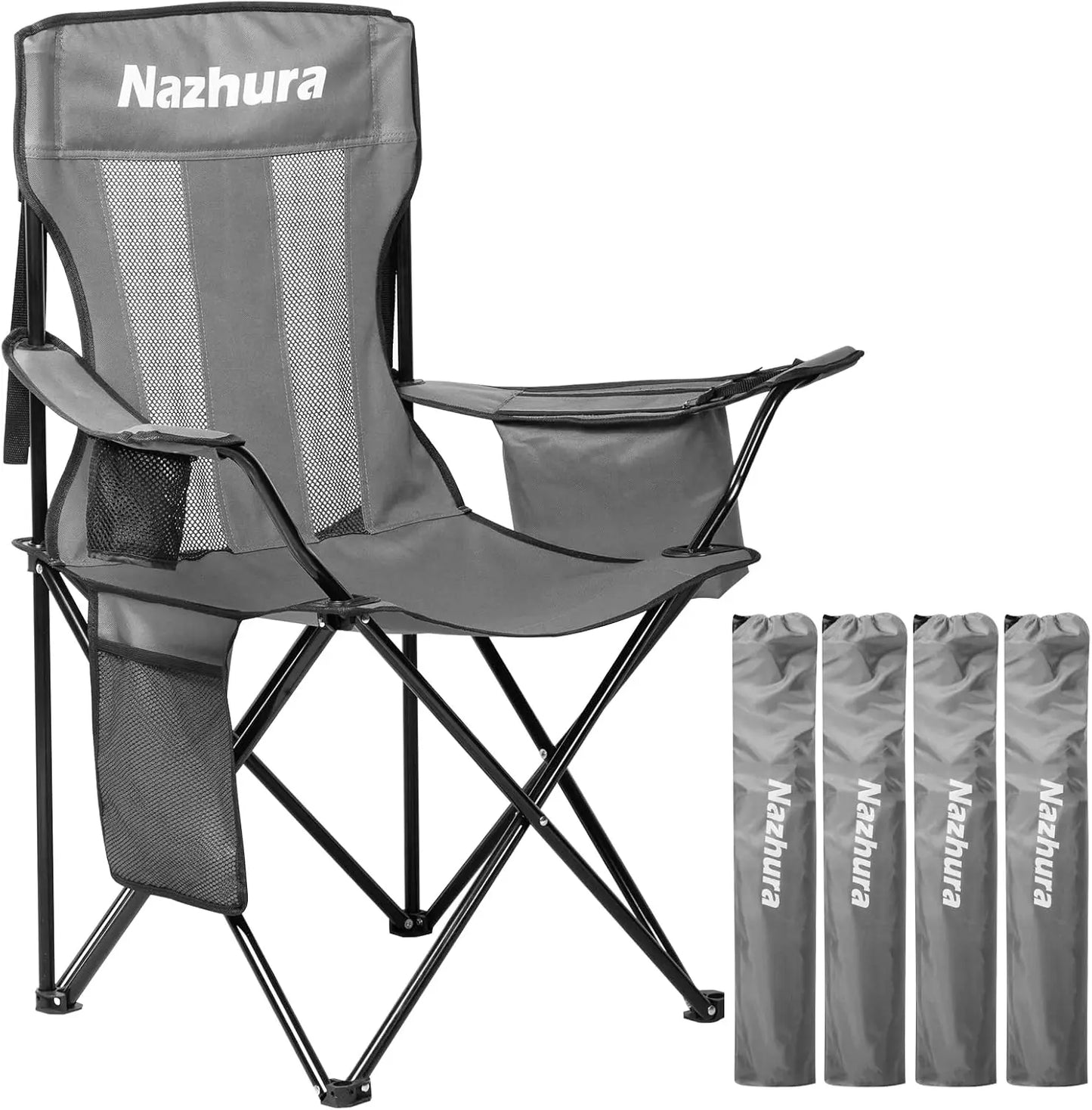 4 Pack Outdoor Camping Chairs Folding//Portable with Cooler Pouch, Mesh Backrest and Cup Holder Pocket(Grey) (Gr