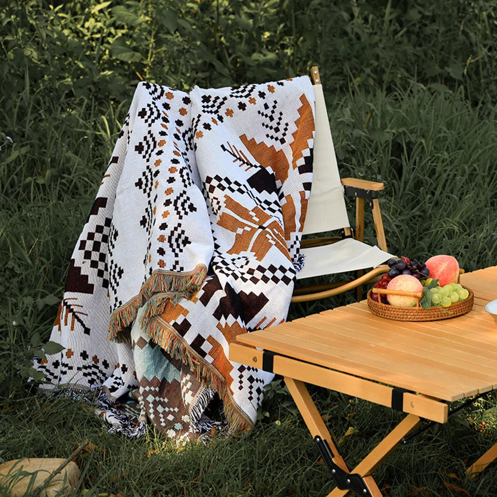 Outdoor Camping Mat with Tassel Retro Ethnic Bohemian Camping Tent Mattress Moisture-proof Polyester Cotton Travel Garden Rug