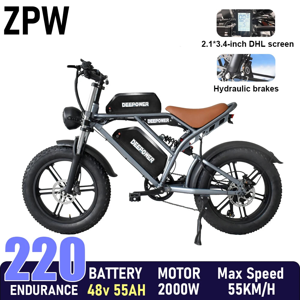 ZPW Adult Electric Bike 2000W 48V60AH Disc Brakes 20 Inch Fat Tire For Mountain Electric Bikes With Large LED Display For Ebike