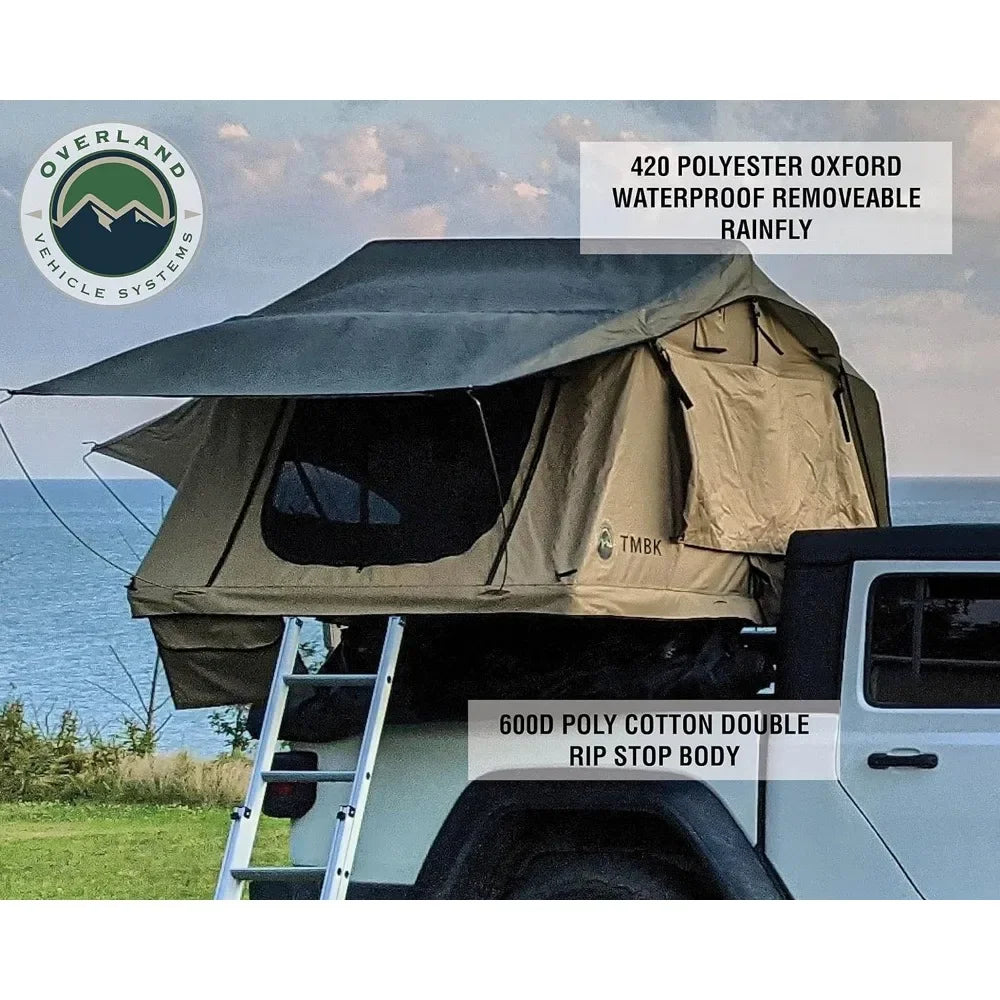 3 Person Roof Top Tent, Marine Grade 600D Rip-Stop Polyester Water Proof, with Rain Fly Tan Base, Easy To Install Truck Tent