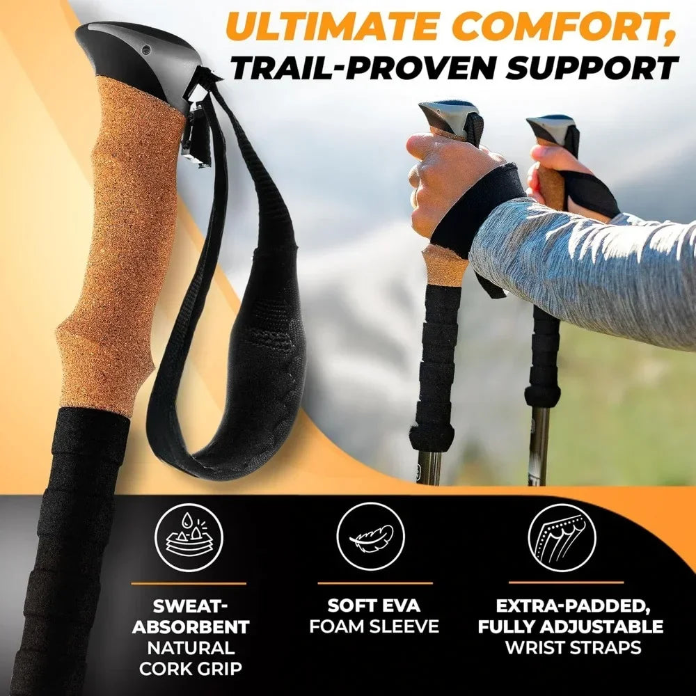 Carbon Fiber Trekking Poles Lightweight Collapsible Hiking, Shock-Absorbent Walking Sticks with Natural Cork Grips, Flip Locks