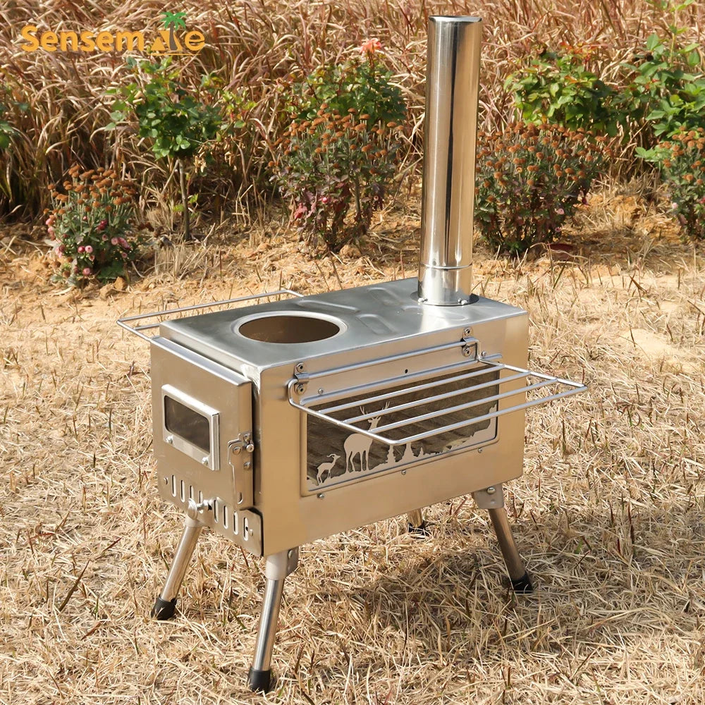 Large Firewood Stove with Split Chimney Stainless Steel Bonfire Stove Outdoor Wood Burning Wood Fire Stove for Camping Patio BBQ