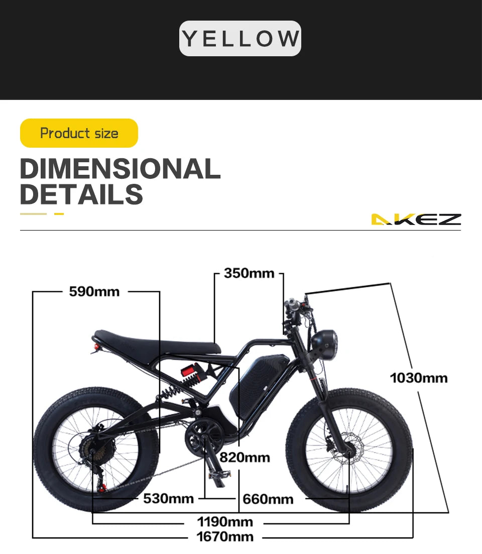 AKEZ-Electric Bike with Hydraulic Brake Ebike 20*4.0 Off-Road Fat Tire 45km h 7 Speed 1500W 48V 18Ah Removable Lithium battery