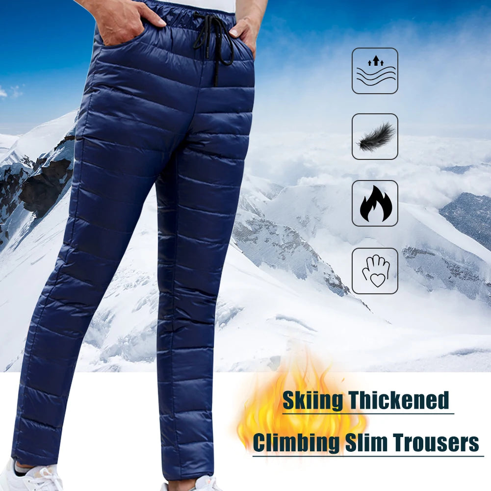 Outdoor Thermal Goose Down Pants Both Side Open Zipper Windproof Waterproof Camping Climbing Men Women Winter Trousers S-5XL