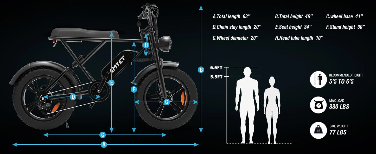 AMYET G60 Electric Bicycle 20*4.0 Fat Tire 1000W Motor Off-Road Mountainous Electric Bike Speed 30 MPH 25AH Snow Ebike For Adult