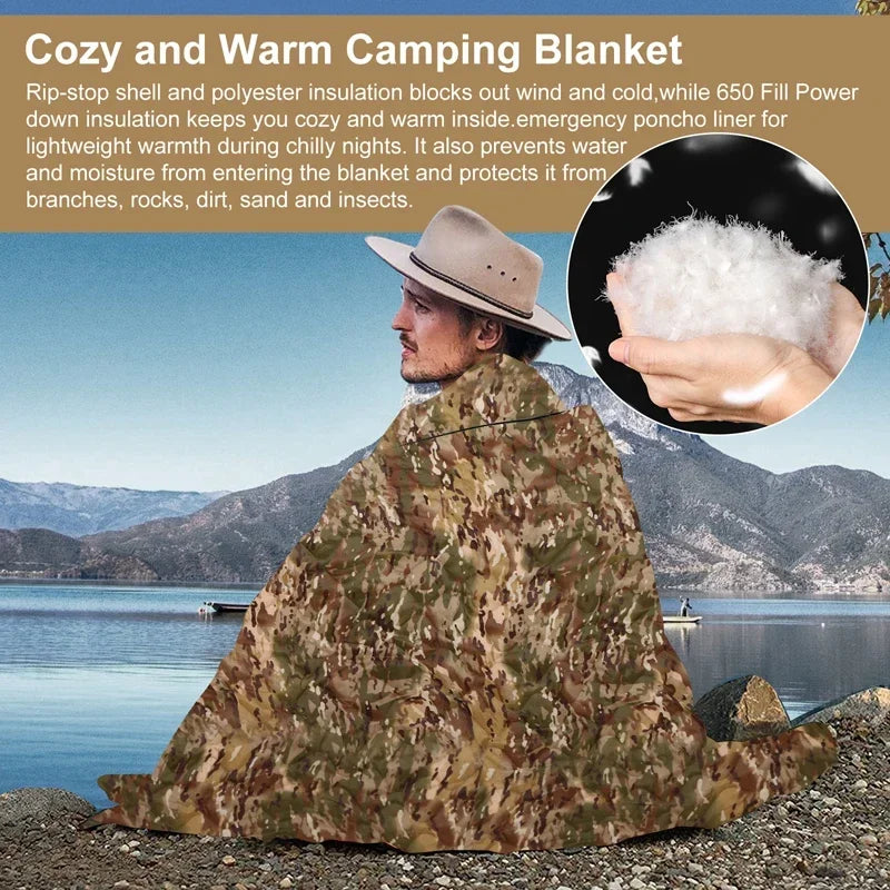 Tactical Army Poncho Liner Camouflage Water Repellent Woobie Quilted Blanket Suitable for Camping, Shooting, Hunting