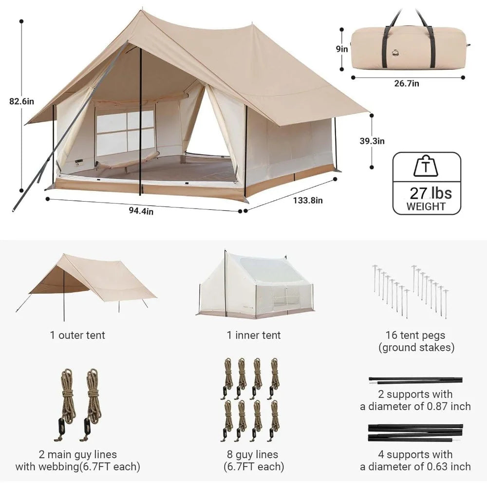 Canvas Cabin Tent with Large Windows, Waterproof & Breathable 4 Season Tents, Easy Setup Glamping Tent