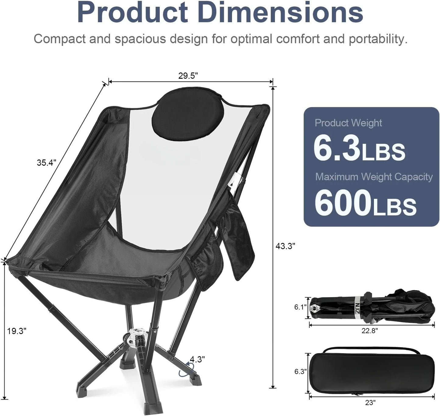 High Back Camping Chair with Carry Bag, 600 LBS Capacity, Heavy Duty Folding Chair for Adults, Compact Camping Chairfor RV Trips