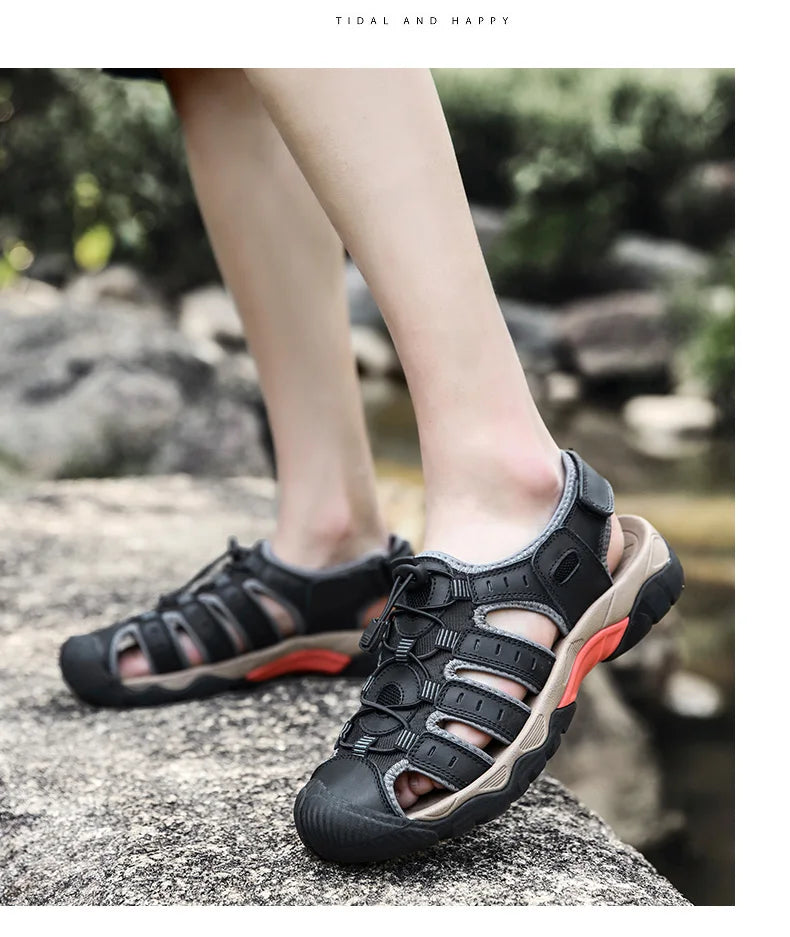 Summer Pu Leather Sandals For Men Rubber Outdoor Men Beach Shoes Anti-Slip Trekking Sandals Weight Light Male Hiking Sandals