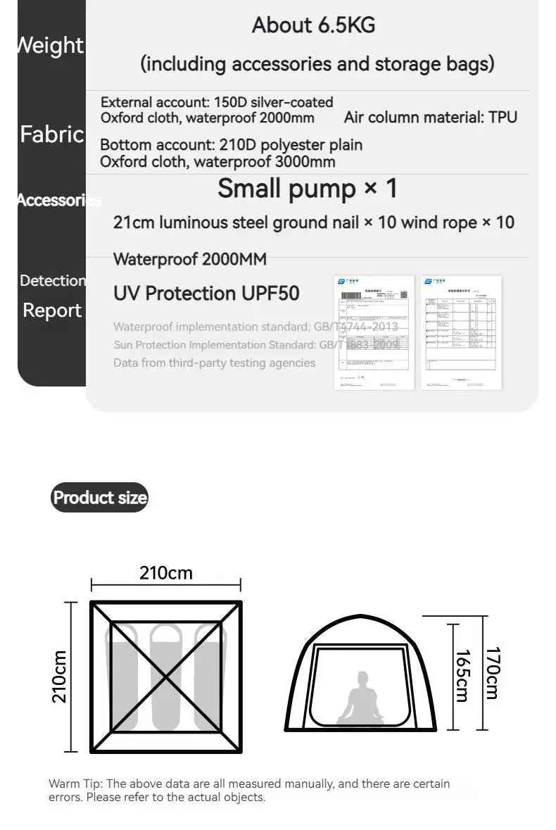 Naturehike ANGO AIR Dome Tent Camping Inflatable Tent for 3 People with Pump 150D Oxford Cloth Portable Easy Set Up 2-Doors