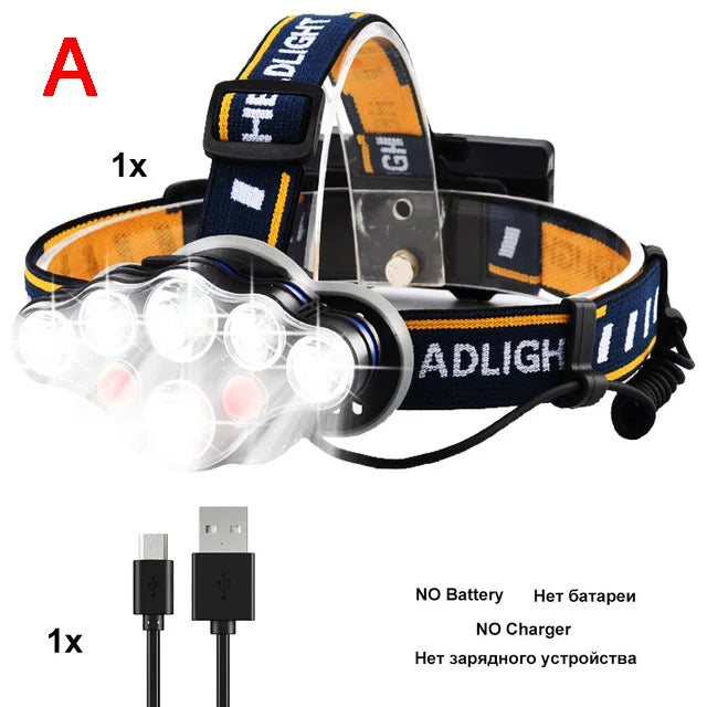 zk20 2*led+4*XPE+2*COB Headlamp 8000LM 8 Lighting Modes Headlight by 18650 Battery LED Flashlight Hunting USB Rechargeable