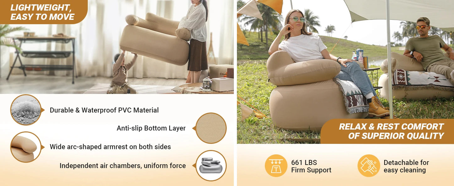 KingCamp Single Inflatable Chair Sofa, Camping Lounger for Rest, Camping Picnic, Beach, Travel