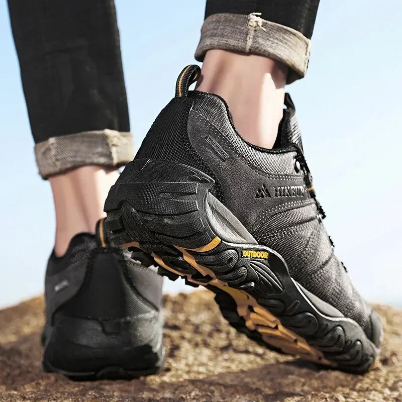 HIKEUP Four-Season Men's Hiking Shoes Outdoor Sports Genuine Leather Wear-Resistant Climbing Shoes Rubber Sole Trekking Sneaker