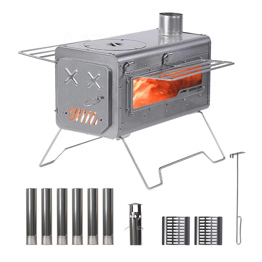 Soomloom Stainless Steel Firewood Stove with Side Shelf Firewood Pellets Dual-purpose Stove for Outdoor Camping Hiking Bushcraft