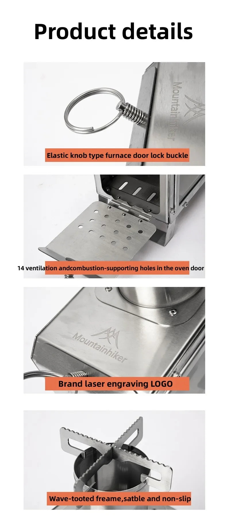 MOUNTAINHIKER Portable Firewood Square Stove Stainless Steel Outdoor Fire Heater Stove Picnic Hiking Camping Wood Burner Stove