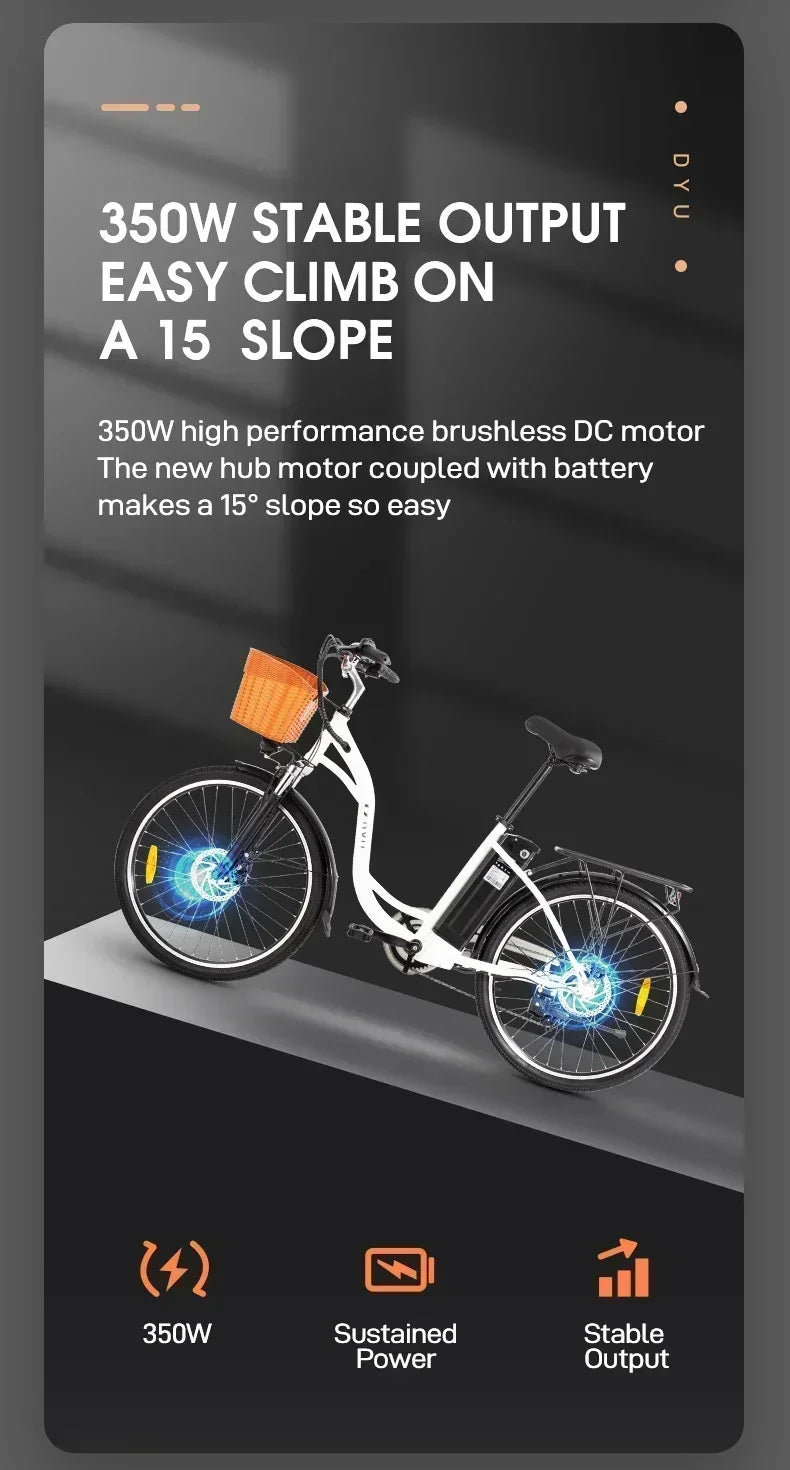 DYU C6 350W Electric Bicycles 36V 12.5AH Lithium Battery Electric Bicycle 26 Inch Tire Urban Commuting Retro E-bike EU Stock