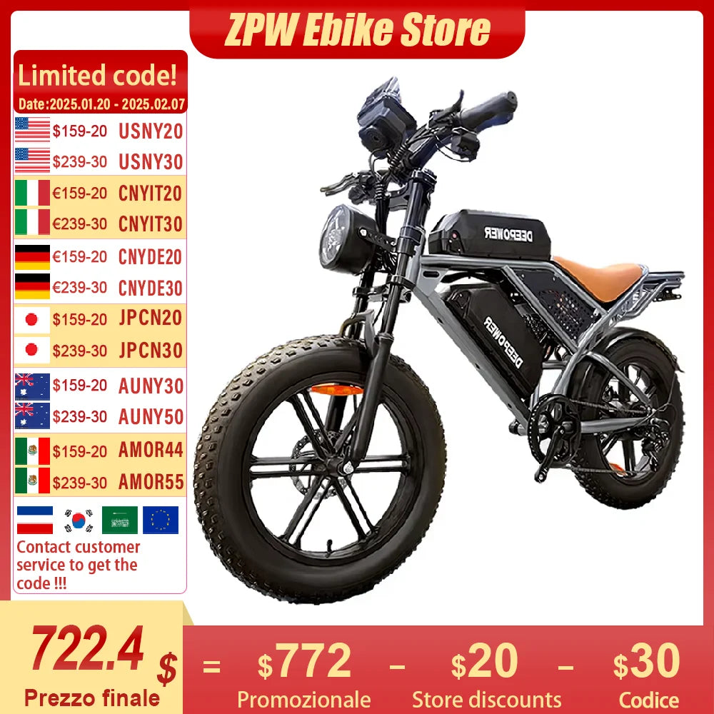 ZPW Adult Electric Bike 2000W 48V60AH Disc Brakes 20 Inch Fat Tire For Mountain Electric Bikes With Large LED Display For Ebike