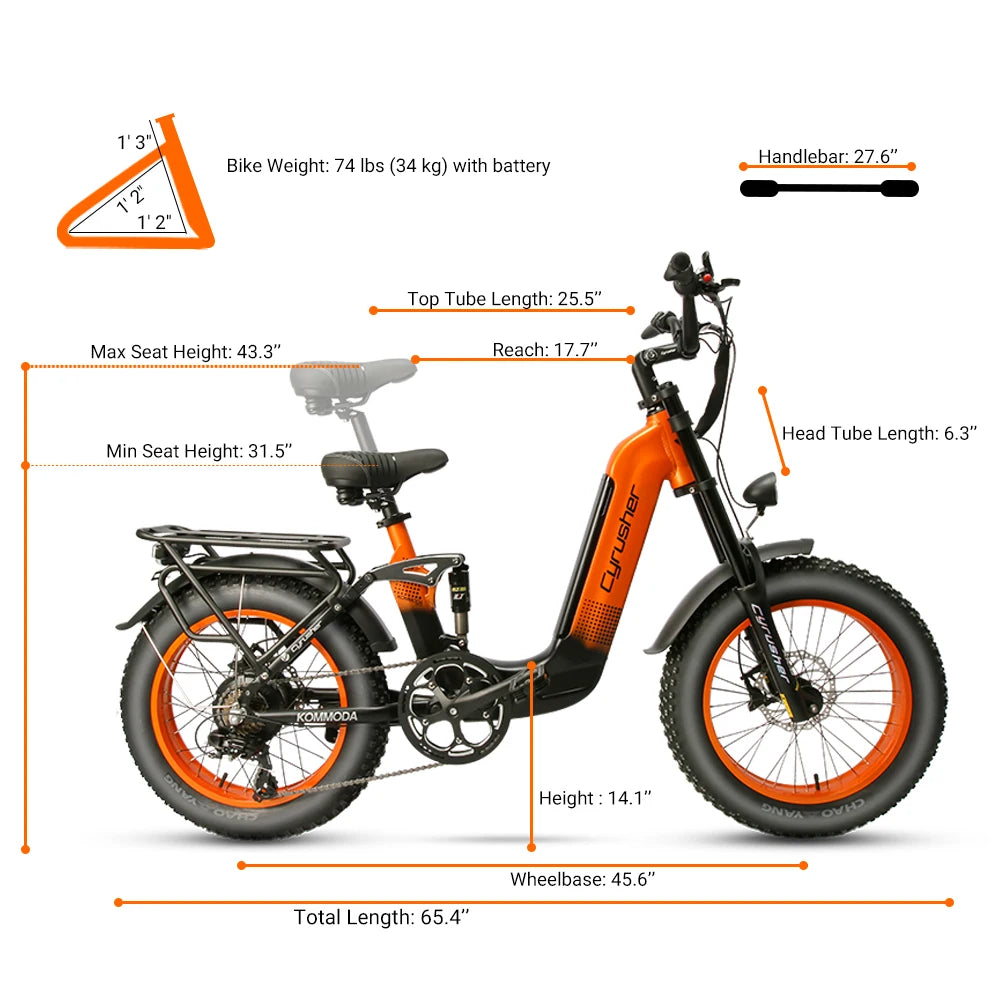 Cyrusher Kommoda Step-through Full Suspension Electric Bike for Adults Fat Tire BaFang 750W Motor  48V14ah Lithium-ion Battery