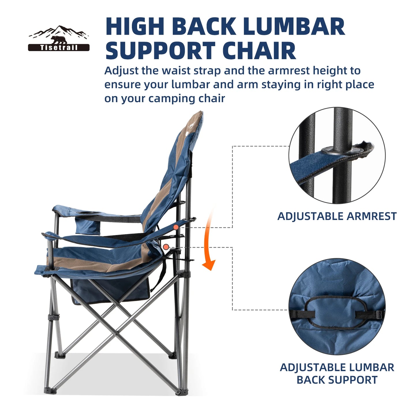 Tisetrail 2 Pack Folding Camping Chairs for Adults High Back Padded Lawn Chairs Portable Outdoor Camp Chair, Blue & Brown