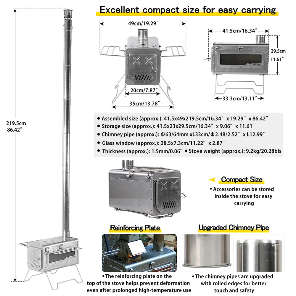 Soomloom Stainless Steel Firewood Stove with Side Shelf Firewood Pellets Dual-purpose Stove for Outdoor Camping Hiking Bushcraft