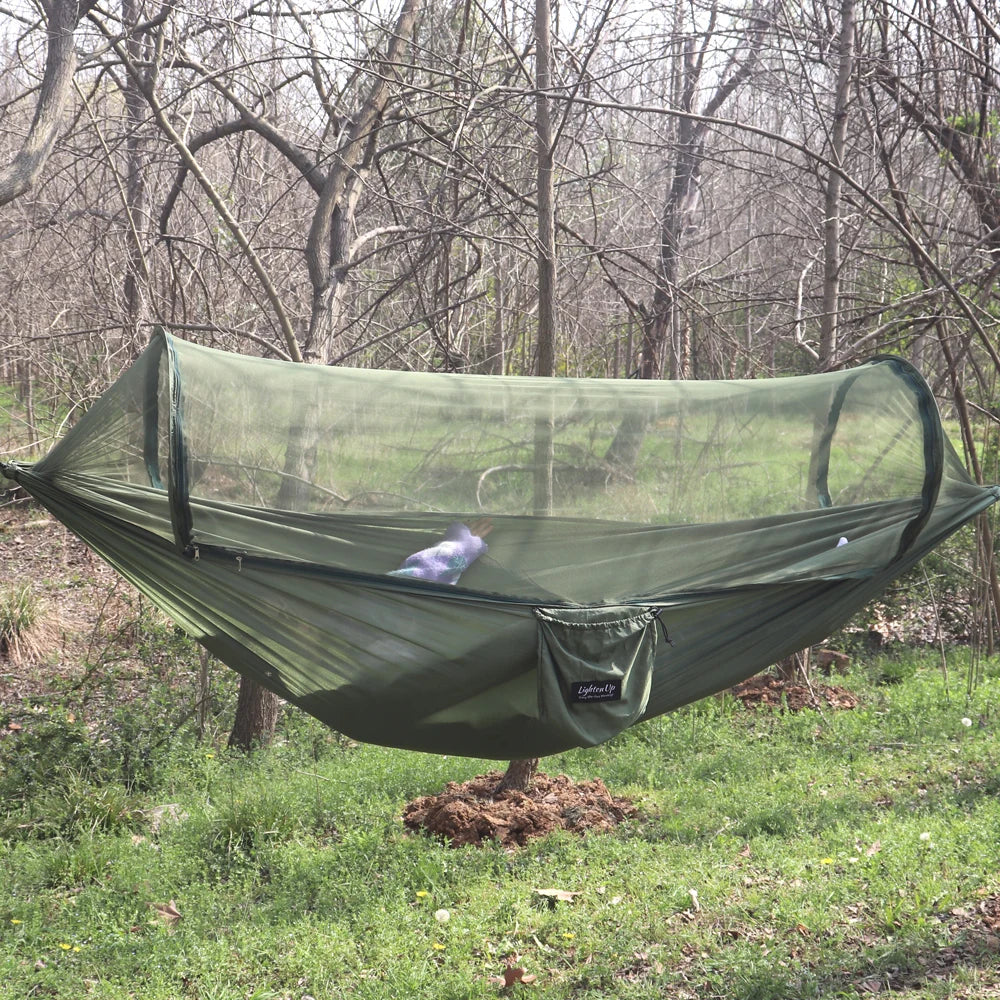 260x140cm Outdoor Double Camping Hammock with Mosquito Net and Rain Fly Tarp Lightweight Parachute Hammocks for Travel Hiking