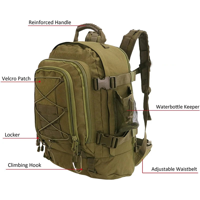 65L Outdoor Tactical Backpack Men's Outdoor Hiking Bag Large Capacity Military Army Bags Travelling Camping Rucksack