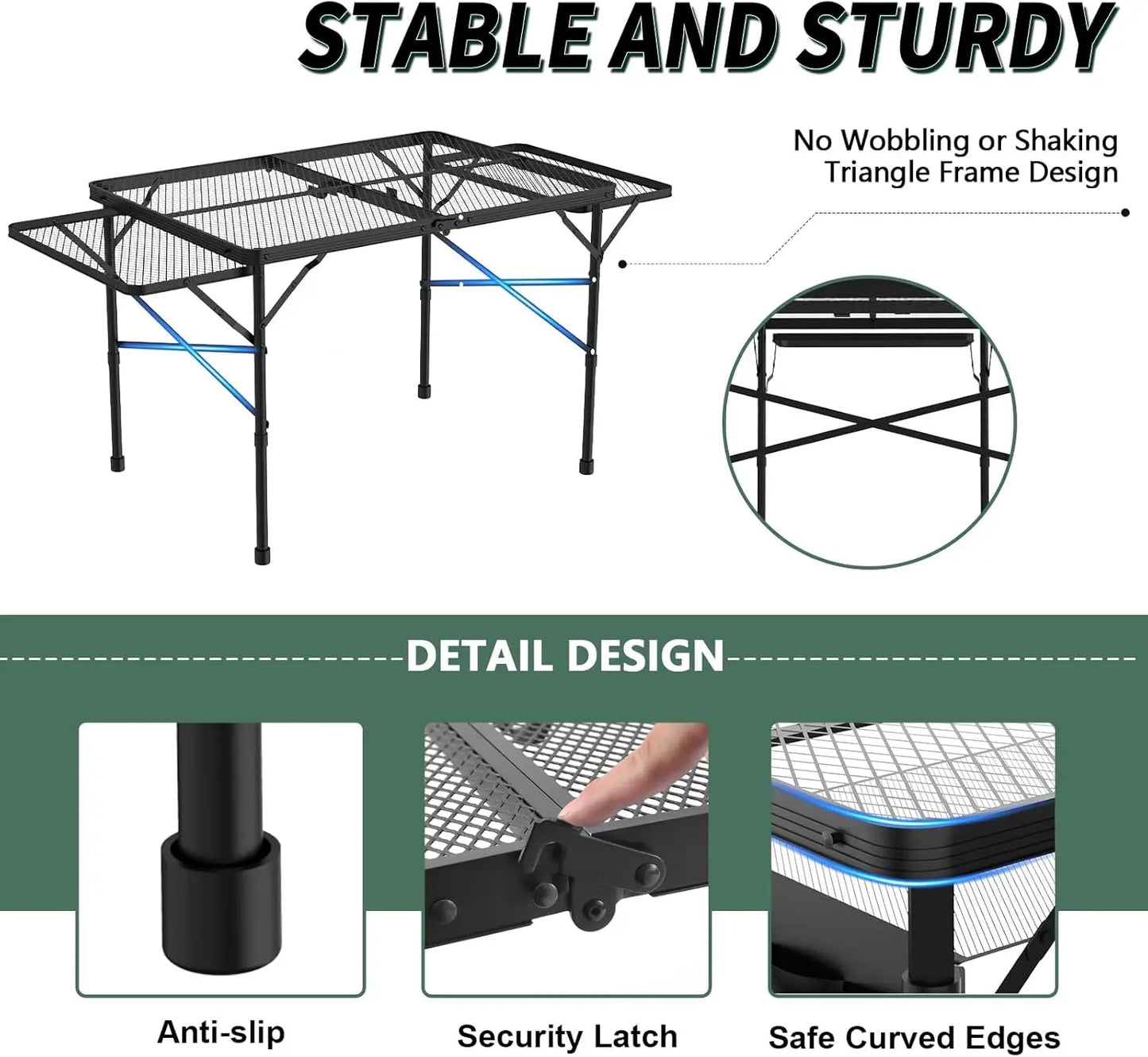 Folding Table With 2 Wing Panels, 3X2 Ft Camping Table With Mesh Desktop,Height Adjustable Folding Grill Table With Mesh