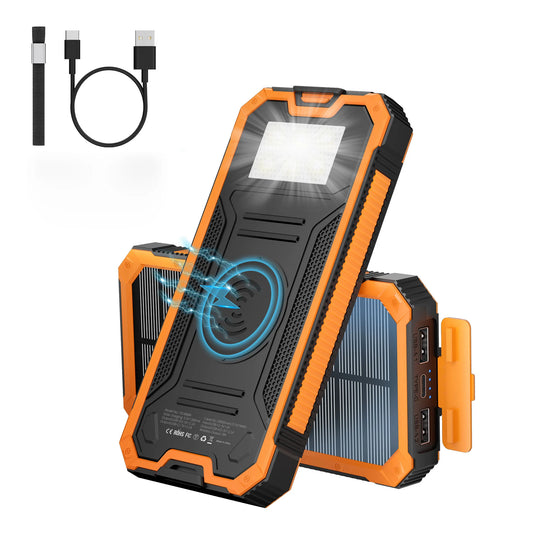 20000mAh wireless charging solar power bank with 4 outputs and built-in flashlight, suitable for outdoor emergency