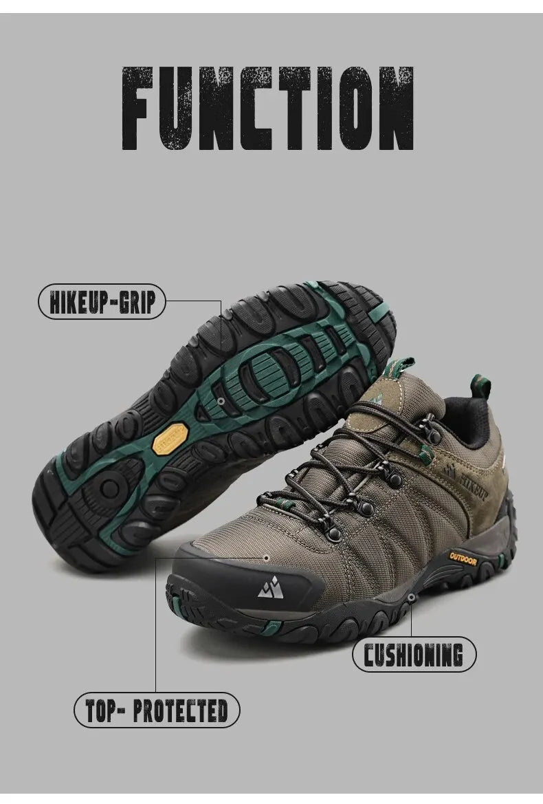 HIKEUP Four-Season Men's Hiking Shoes Outdoor Sports Genuine Leather Wear-Resistant Climbing Shoes Rubber Sole Trekking Sneaker