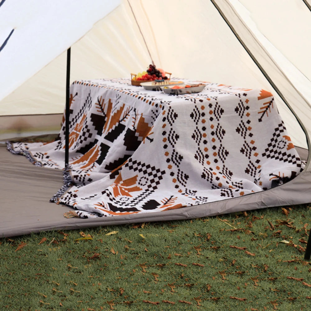 Outdoor Camping Mat with Tassel Retro Ethnic Bohemian Camping Tent Mattress Moisture-proof Polyester Cotton Travel Garden Rug